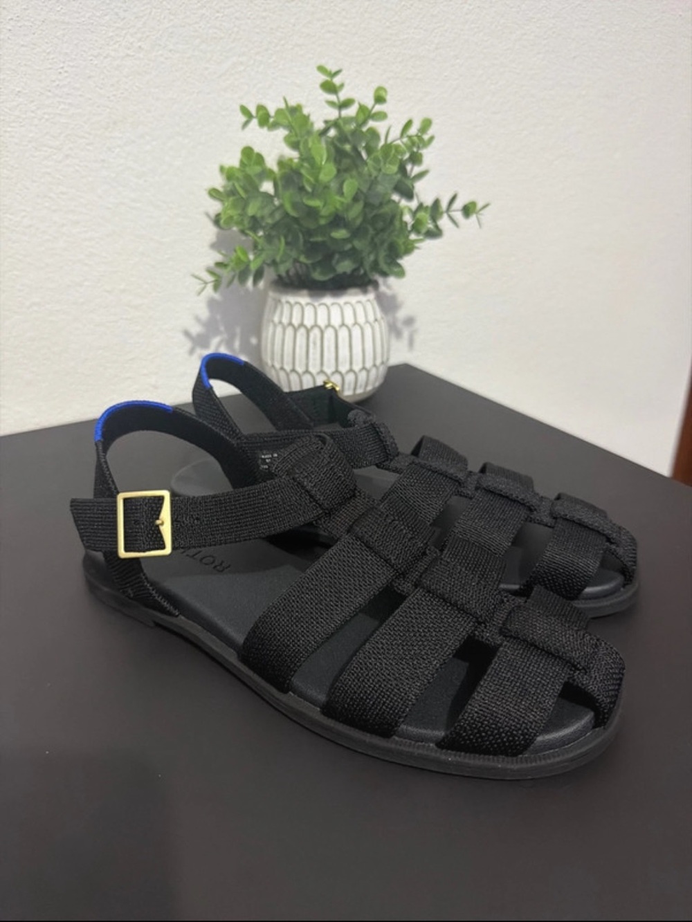 Rothy's Black Fisherman Sandals with Gold Buckle